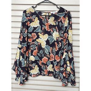 Rose & Olive Floral Bell Sleeve Boho Blouse Women's Size L Multicolor